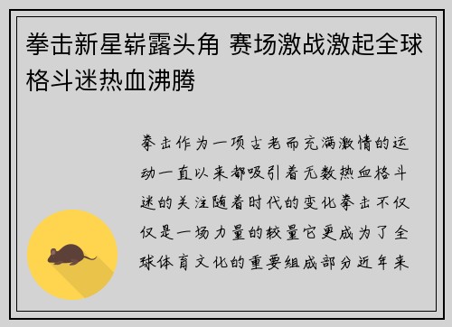 拳击新星崭露头角 赛场激战激起全球格斗迷热血沸腾
