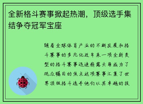 全新格斗赛事掀起热潮，顶级选手集结争夺冠军宝座