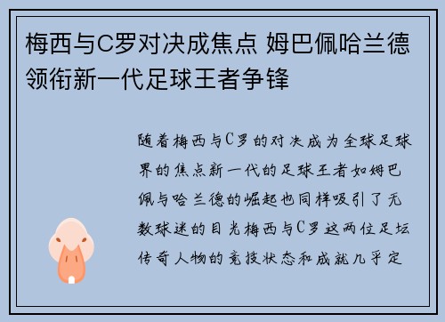 梅西与C罗对决成焦点 姆巴佩哈兰德领衔新一代足球王者争锋