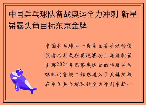 中国乒乓球队备战奥运全力冲刺 新星崭露头角目标东京金牌