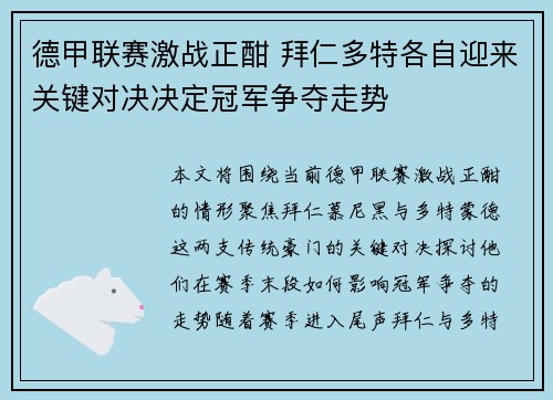 德甲联赛激战正酣 拜仁多特各自迎来关键对决决定冠军争夺走势