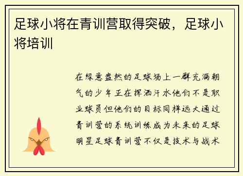 足球小将在青训营取得突破，足球小将培训
