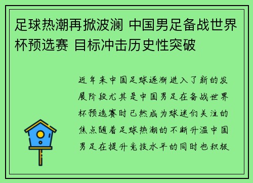 足球热潮再掀波澜 中国男足备战世界杯预选赛 目标冲击历史性突破